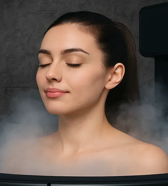 Woman experiencing relaxing whole body cryotherapy session